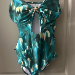 Teal and Cream Swimsuit and Matching Skirt with Starfish Accent